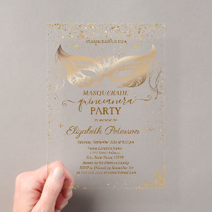 Invitations En Acrylique Masque élégant étoiles confettis Quinceañera