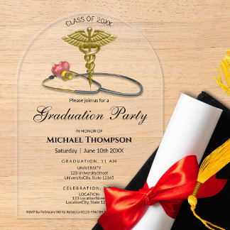 Invitations En Acrylique Medical Gold Caduceus Stethoscope Heart Graduation