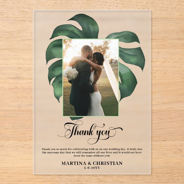 Invitations En Acrylique Merci de Mariage de feuille tropicale Monstera (Recto)