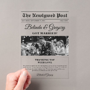 Invitations En Acrylique Merci photo noir blanc du journal mariage