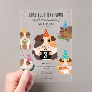 Invitations En Acrylique Mignons Cochons d'Inde Drôles Fête d'Anniversaire