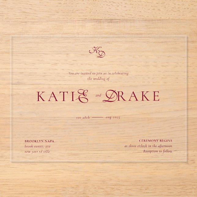 Invitations En Acrylique Minimal Monogram Deep Burgundy Script Wedding (Recto)