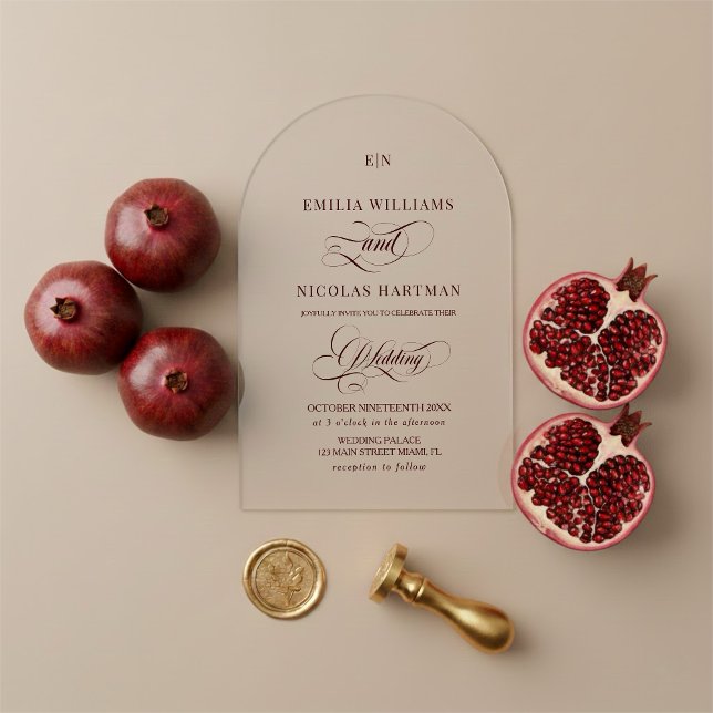 Invitations En Acrylique Minimalist Monogram Burgundy Red Wedding (Créateur téléchargé)
