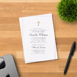 Invitations En Acrylique Minimaliste avec Faux Gold Cross Baptismal