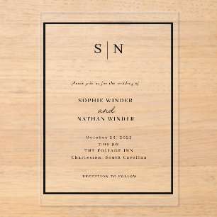 Invitations En Acrylique Minimaliste et Chic Mariage Noir et Blanc