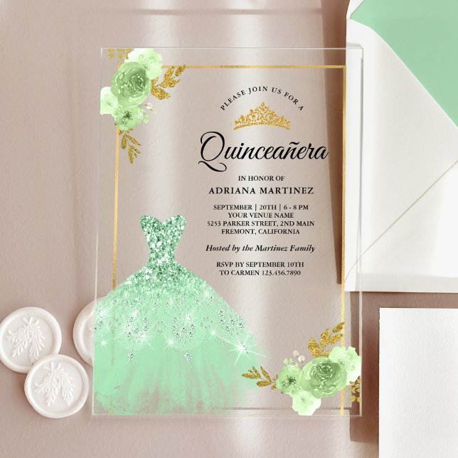 Invitations En Acrylique Mint Vert Floral Robe Étincelle Or Quinceanera (Créateur téléchargé)