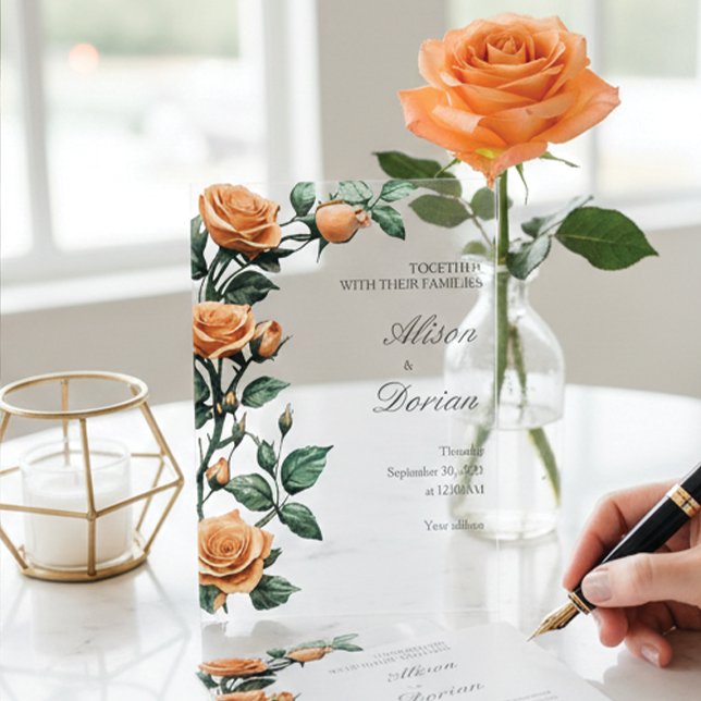 Invitations En Acrylique Modern Apricot Orange Rose Floral Acrylic Wedding (Créateur téléchargé)