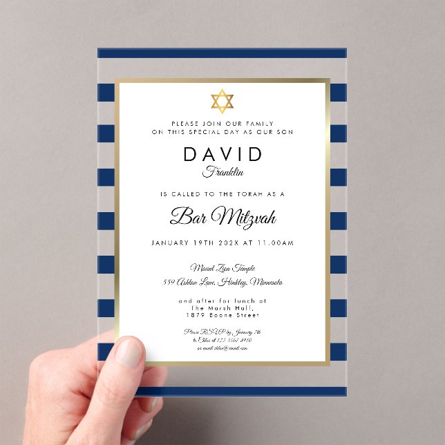 Invitations En Acrylique Modern Bar Mitzvah Navy Blue Stripe Gold (In situ (ordinateur de poche))