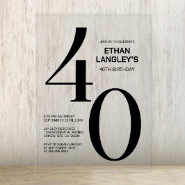 Invitations En Acrylique Modern Bold Black Texte 40e fête d'anniversaire