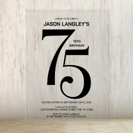 Invitations En Acrylique Modern Bold Texte noir 75e fête d'anniversaire