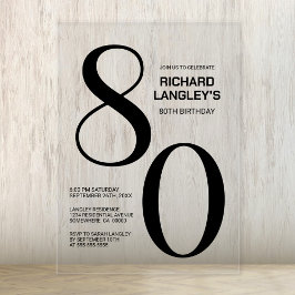 Invitations En Acrylique Modern Bold Texte noir 80e fête d'anniversaire