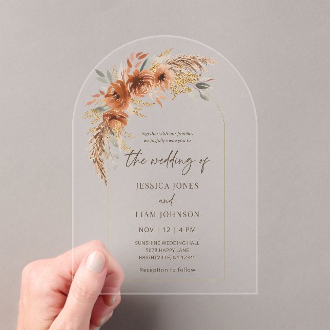 Invitations En Acrylique Modern Elegant Terracotta Fall Floral Wedding  (In situ (ordinateur de poche))