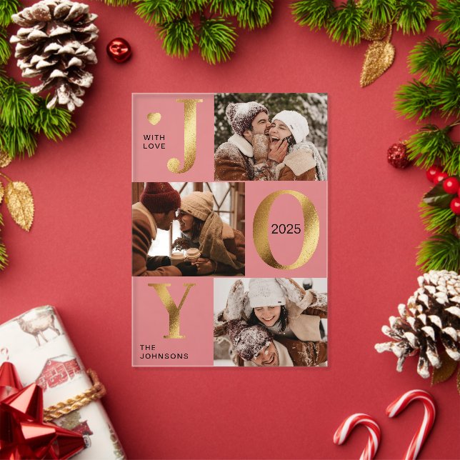 Invitations En Acrylique Modern Faux Gold Photo Collage Joy Christmas Card (Insitu (vacances))