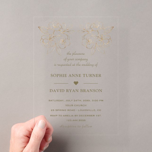 Invitations En Acrylique Modern Gold Line Art Flowers Wedding Transparent  (In situ (ordinateur de poche))