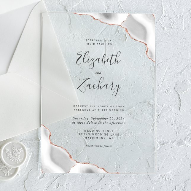 Invitations En Acrylique Modern Gray Rose Gold Agate Corners Wedding (Créateur téléchargé)