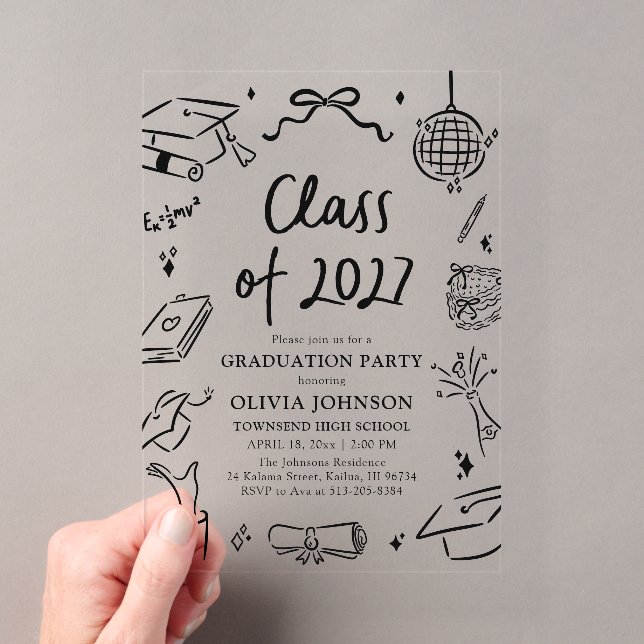 Invitations En Acrylique Modern Hand Drawn Class of 2027 Graduation Party (In situ (ordinateur de poche))