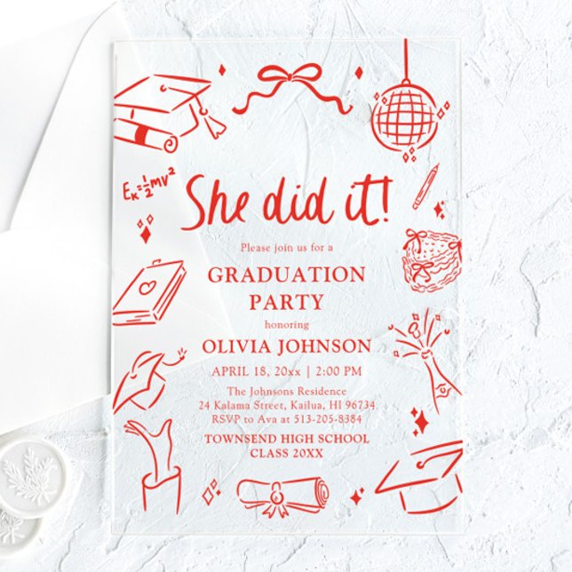 Invitations En Acrylique Modern Hand Drawn She did it Graduation Party (Modern Hand Drawn She did it Graduation Party Acrylic Invitations)
