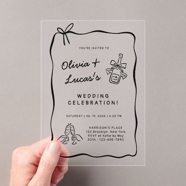 Invitations En Acrylique Modern Ivory & Black Hand-Drawn Wedding  (In situ (ordinateur de poche))