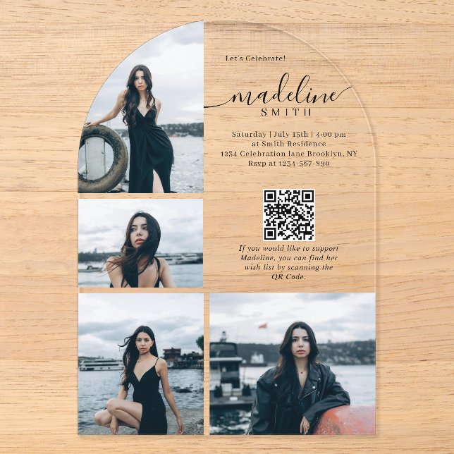 Invitations En Acrylique Modern Photo Collage QR code Graduation Party (Recto)