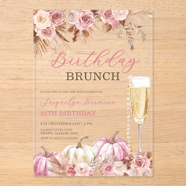 Invitations En Acrylique Modern Pink Boho Pumpkin Autumn Birthday Brunch  (Recto)
