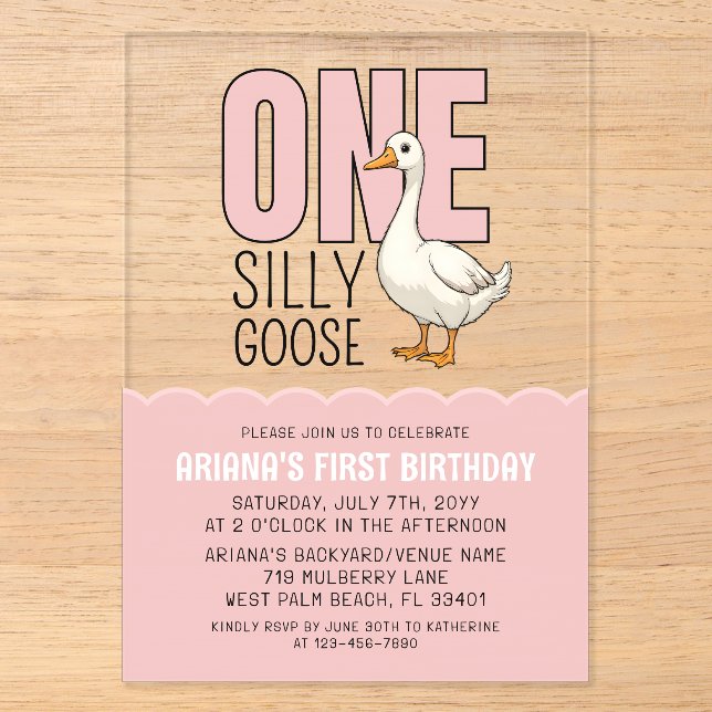 Invitations En Acrylique Modern Pink One Silly Goose 1er anniversaire (Recto)