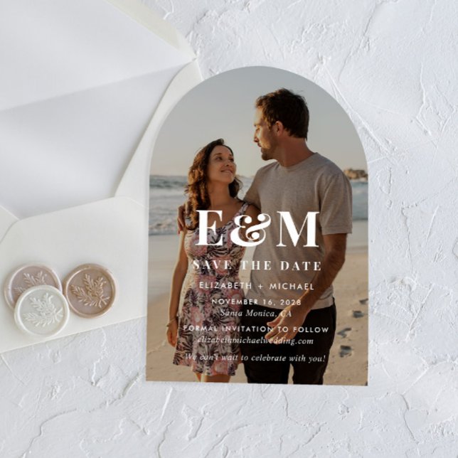 Invitations En Acrylique Modern White Monogram Arch Photo Save The Date (Make your day unforgettable with stunning arched acrylic save the dates—modern, elegant, unique!)