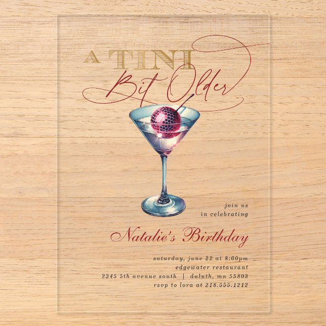 Invitations En Acrylique Moderne A Tini Bit Martini Anniversaire Cerise (Recto)