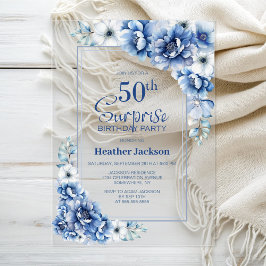 Invitations En Acrylique Moderne Blue Floral Surprise 50e fête d'anniversai