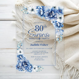 Invitations En Acrylique Moderne Blue Floral Surprise 80e fête d'anniversai