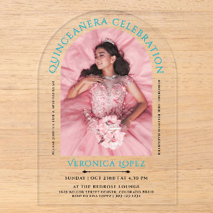Invitations En Acrylique Moderne Elégant Turquoise Blue Quinceanera Photo