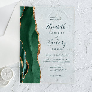 Invitations En Acrylique Moderne Emerald Green Gold Agate Mariage de script