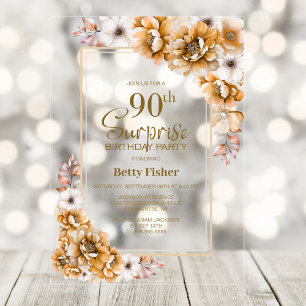 Invitations En Acrylique Moderne Orange Floral Surprise 90ème anniversaire