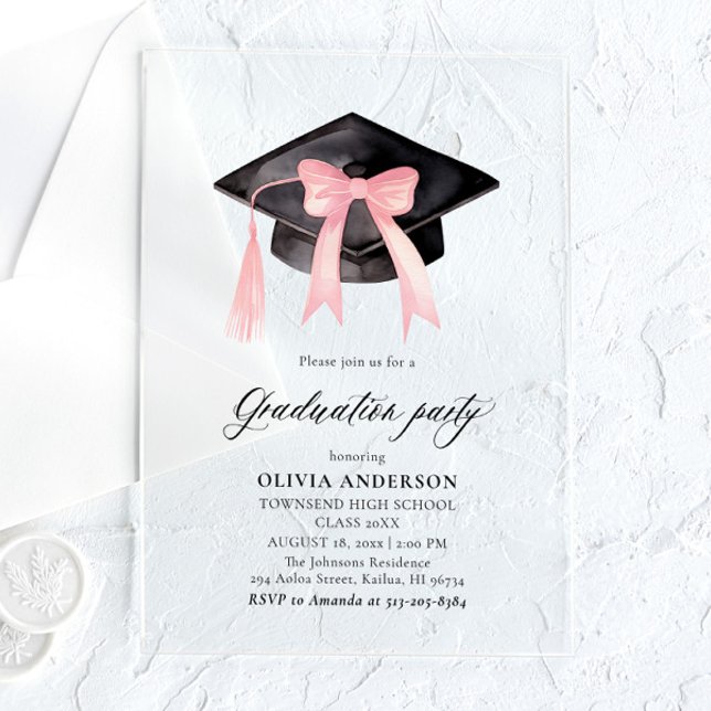 Invitations En Acrylique Moderne tendance Pink Bow Graduation Cap Graduatio (Créateur téléchargé)