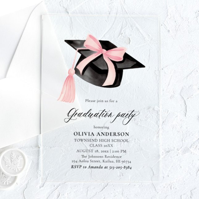 Invitations En Acrylique Moderne tendance Pink Bow Graduation Cap Graduatio (Créateur téléchargé)