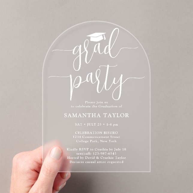 Invitations En Acrylique Moderne tendance White Script Grad Party Transluci (In situ (ordinateur de poche))