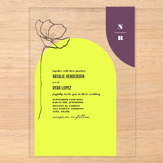 Invitations En Acrylique Monogram Floral Neon + Plum Mariage géométrique (Recto)