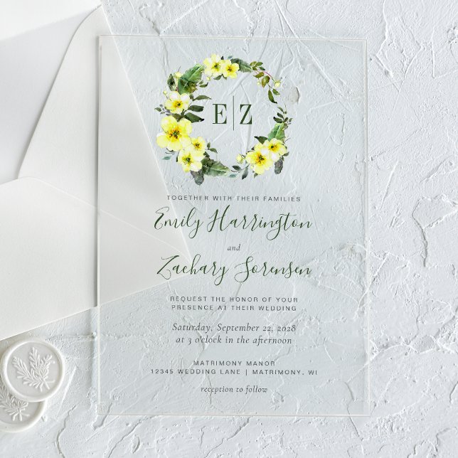 Invitations En Acrylique Monogramme Aquarelle Jaune Floral Mariage (Créateur téléchargé)