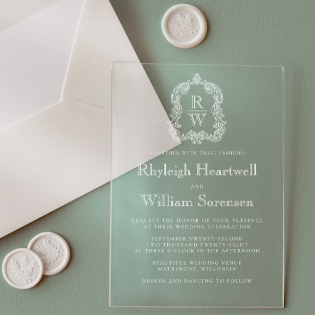 Invitations En Acrylique Monogramme classique Crest Mariage transparent (Créateur téléchargé)
