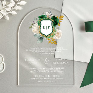 Invitations En Acrylique Monogramme de mariage à motif floral vert émeraude