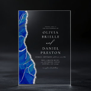 Invitations En Acrylique Monogramme de mariage élégant en agate argentée bl