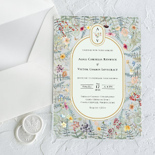 Invitations En Acrylique Monogramme de mariage vert menthe à fleurs sauvage