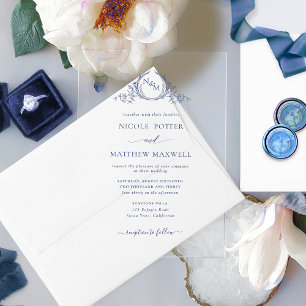 Invitations En Acrylique Monogramme élégant Couronne Royale Guirlande Bleu
