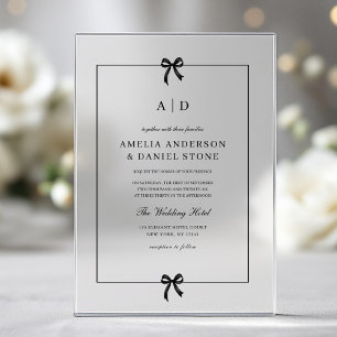 Invitations En Acrylique Monogramme élégant formel noir et blanc avec nœud