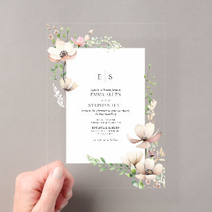 Invitations En Acrylique Monogramme Floral Blush off White Botanical Mariag