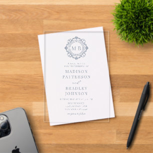 Invitations En Acrylique Monogramme Floral Orné Mariage Élégant Argent