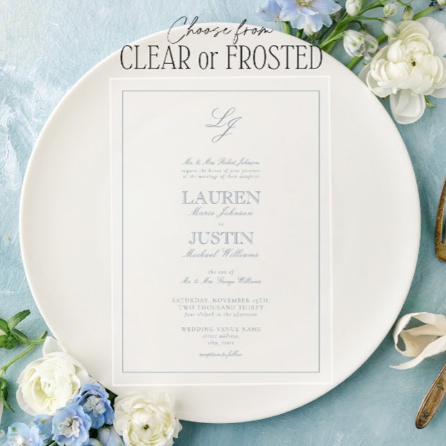 Invitations En Acrylique Monogramme Mariage classique Dusty Blue Calligraph (Créateur téléchargé)