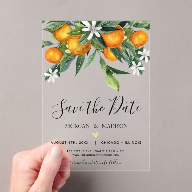Invitations En Acrylique Monogramme Oranges Enregistrer la date (In situ (ordinateur de poche))