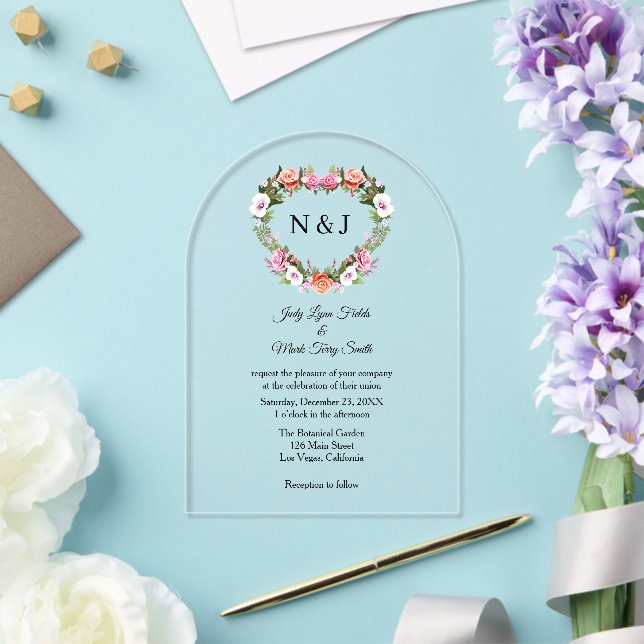 Invitations En Acrylique Monogramme Romantique Rose coeur floral (Insitu (Mariage))