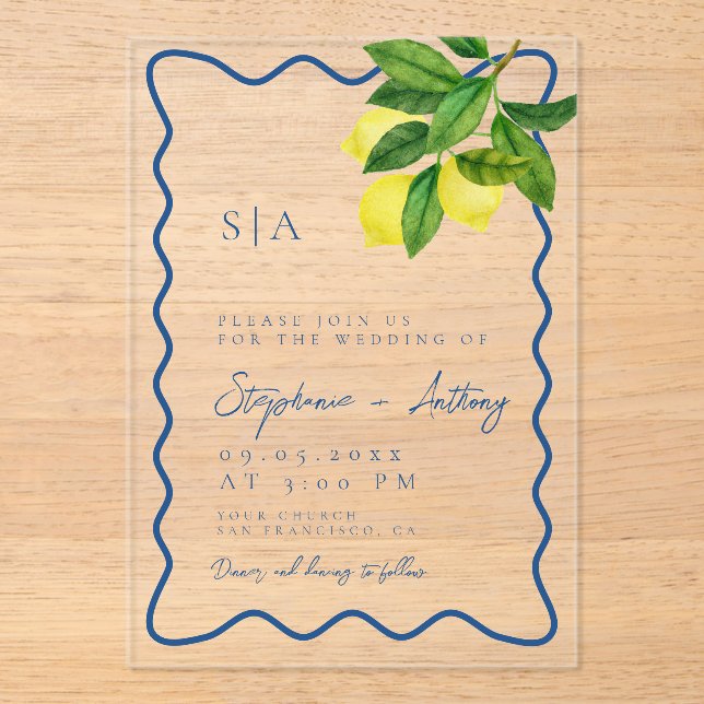 Invitations En Acrylique Monograms Lemon Citrus, Blue Wave Border Wedding   (Recto)