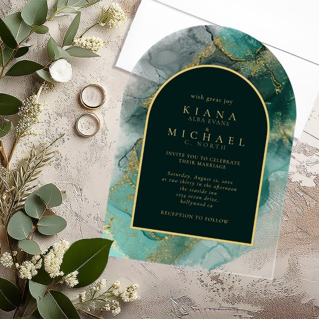 Invitations En Acrylique Moody Ink Emerald Gold Arch Abstrait ID988 (Créateur téléchargé)